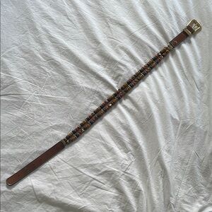 Vintage Beaded Leather Belt with Gold Buckle